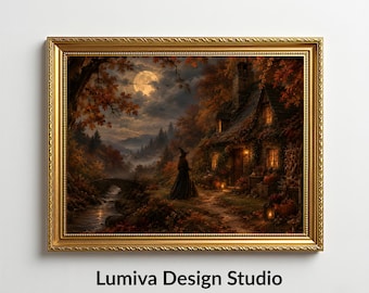 Lámina de cabaña de bruja, arte mural vintage de Halloween, decoración gótica otoñal, arte Dark Academia, lámina imprimible de bosque tenebroso (descarga digital)
