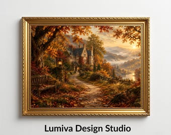 Cuadro decorativo vintage de una casa de campo otoñal, paisaje rural europeo, decoración rústica de cabaña (descarga digital)
