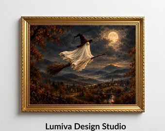 Lámina de fantasma de bruja caprichosa, arte mural vintage de Halloween - Descarga digital