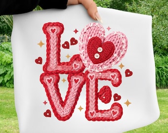 Soft Girl Knit LOVE Valentine PNG, Faux Embroidery Button Heart Design, Retro Pink Yarn Coquette Valentine PNG, Valentine Sublimation Png