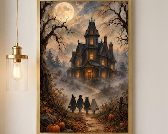 Lámina vintage de mansión encantada, decoración gótica de Halloween - Descarga digital