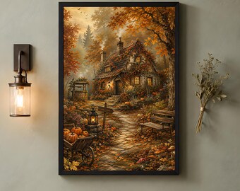Cuadro decorativo de estilo rústico otoñal, pintura al óleo vintage, decoración acogedora de estilo cottagecore, paisaje de bosque otoñal, arte de pared imprimible (descarga digital).