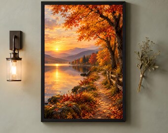 Arte mural de naturaleza otoñal, arte de paisajes otoñales, decoración de senderos otoñales junto al lago, decoración rústica de pared de temporada, arte colorido de follaje otoñal