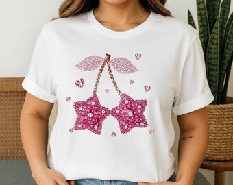 Estrella rosa cereza con diamantes de imitación PNG, diseño coqueto para San Valentín, sublimación de lazo femenino, gráfico de camiseta con estética de chica suave, descarga digital
