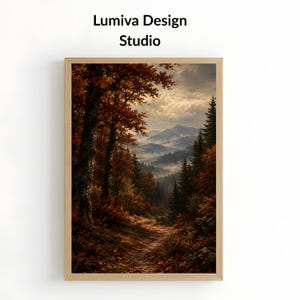 Puede incluir: Una impresión artística enmarcada titulada Lumiva Design Studio que muestra un paisaje de un sendero forestal en otoño. La imagen presenta árboles altos con follaje naranja y marrón, un camino de tierra sinuoso y montañas brumosas bajo un cielo nublado.