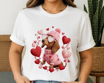 Perro salchicha de San Valentín PNG, Perro lindo de San Valentín PNG, Coqueta XOXO PNG, Diseño de corazón de hilo sintético, Descarga digital