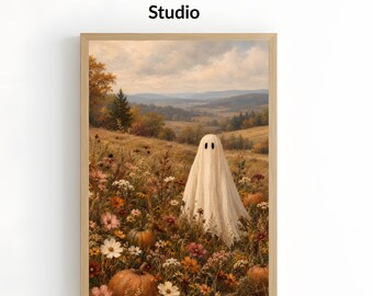 Lindo fantasma entre flores silvestres, decoración acogedora de calabaza otoñal, arte mural vintage de Halloween, obra de arte otoñal imprimible - Descarga digital