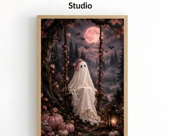Fantasma caprichoso en un columpio - Lámina de Halloween, arte mural para la temporada espeluznante - Decoración oscura y acogedora estilo cottagecore (descarga digital)