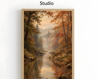 Láminas decorativas de otoño para imprimir, pintura de ciervos, decoración otoñal en tonos neutros, lámina de paisaje otoñal, decoración de temporada, arte mural de otoño, descarga digital.
