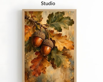 Cuadro decorativo de bellotas y hojas de roble, arte botánico otoñal, decoración rústica inspirada en la naturaleza, arte de la cosecha del bosque, decoración otoñal para casas de campo (descarga digital).