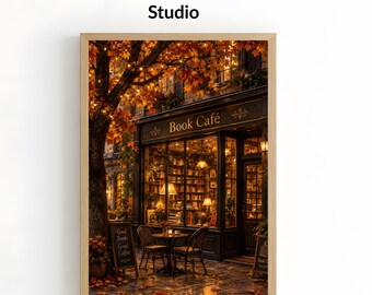 Lámina de cafetería otoñal, arte imprimible de café acogedor de otoño, arte de librería con ambiente melancólico, decoración de Acción de Gracias, amante de los libros, arte de estética oscura