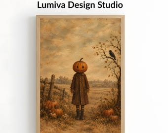 Lámina rústica de Halloween, póster vintage de calabaza de Halloween, arte mural de espantapájaros con cabeza de calabaza, decoración imprimible de granja otoñal con cuervos (descarga gratuita)