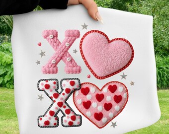 Sublimación de San Valentín en punto y fieltro, corazón rosa texturizado XOXO PNG, diseño de camiseta bohemio de San Valentín, descarga digital PNG de crochet