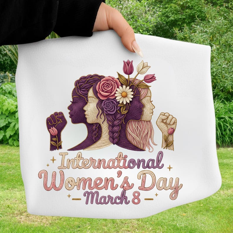 May include: White fabric featuring an illustration for International Women's Day. The design includes silhouettes of women with floral accents, fists, and the text "International Women's Day - March 8" in a decorative font. The image is held by a person.