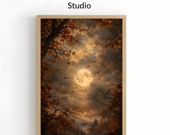Lámina de luna llena de Halloween espeluznante, lámina imprimible de Halloween embrujado estilo academia oscura, arte lunar melancólico, lámina otoñal oscura estilo cottagecore melancólico