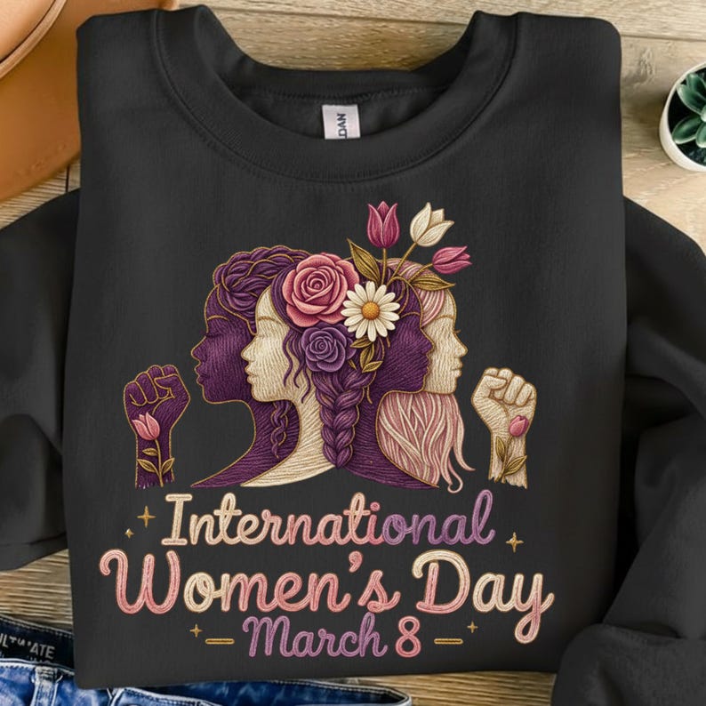 May include: Black sweatshirt with a graphic celebrating International Women's Day. The design features three women's profiles, flowers, and the text "International Women's Day - March 8". The artwork includes purple, pink, and white colors.