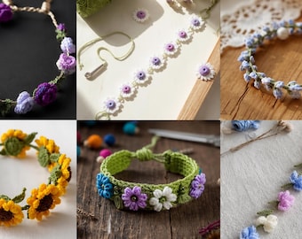 Wzór na szydełkową bransoletkę z kwiatów, DIY biżuteria boho z kwiatami w formacie PDF, samouczek wykonania regulowanej, ręcznie robionej opaski na nadgarstek