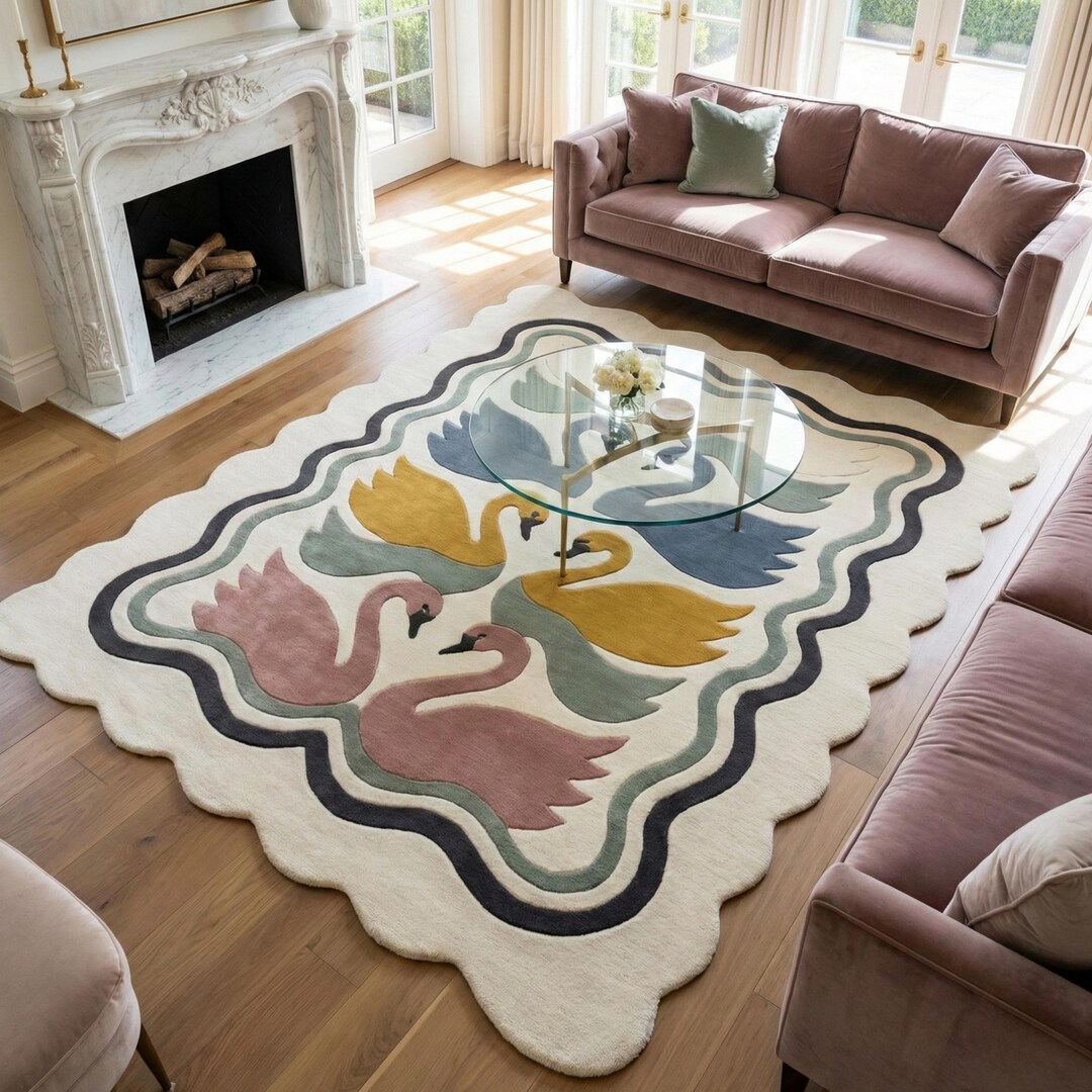 Hand Tufted Swan Motif Scalloped Rug – Luxury Multicolor Wool Area Rug ...