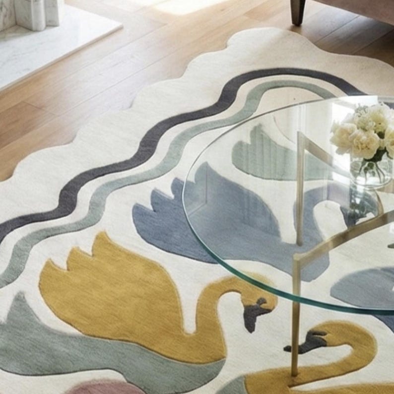 Hand Tufted Swan Motif Scalloped Rug – Luxury Multicolor Wool Area Rug ...