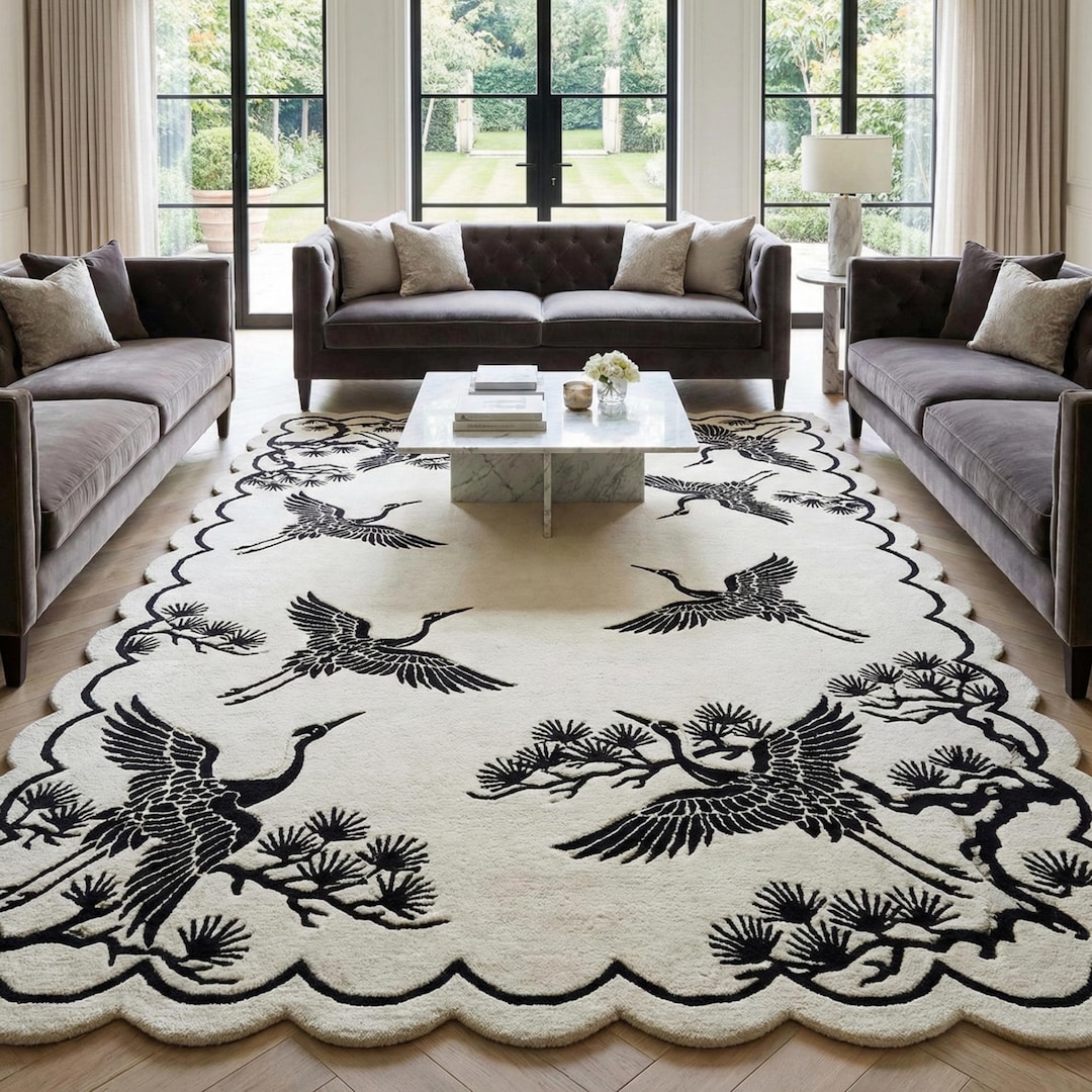Statement Crane Motif Hand Tufted Rug – Handmade Ivory Wool Scalloped ...