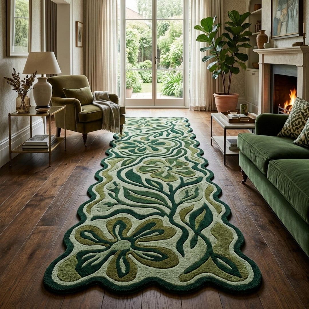 Green Floral Runner Rug, Hand Tufted Botanical Wool Rug, Scalloped Edge ...