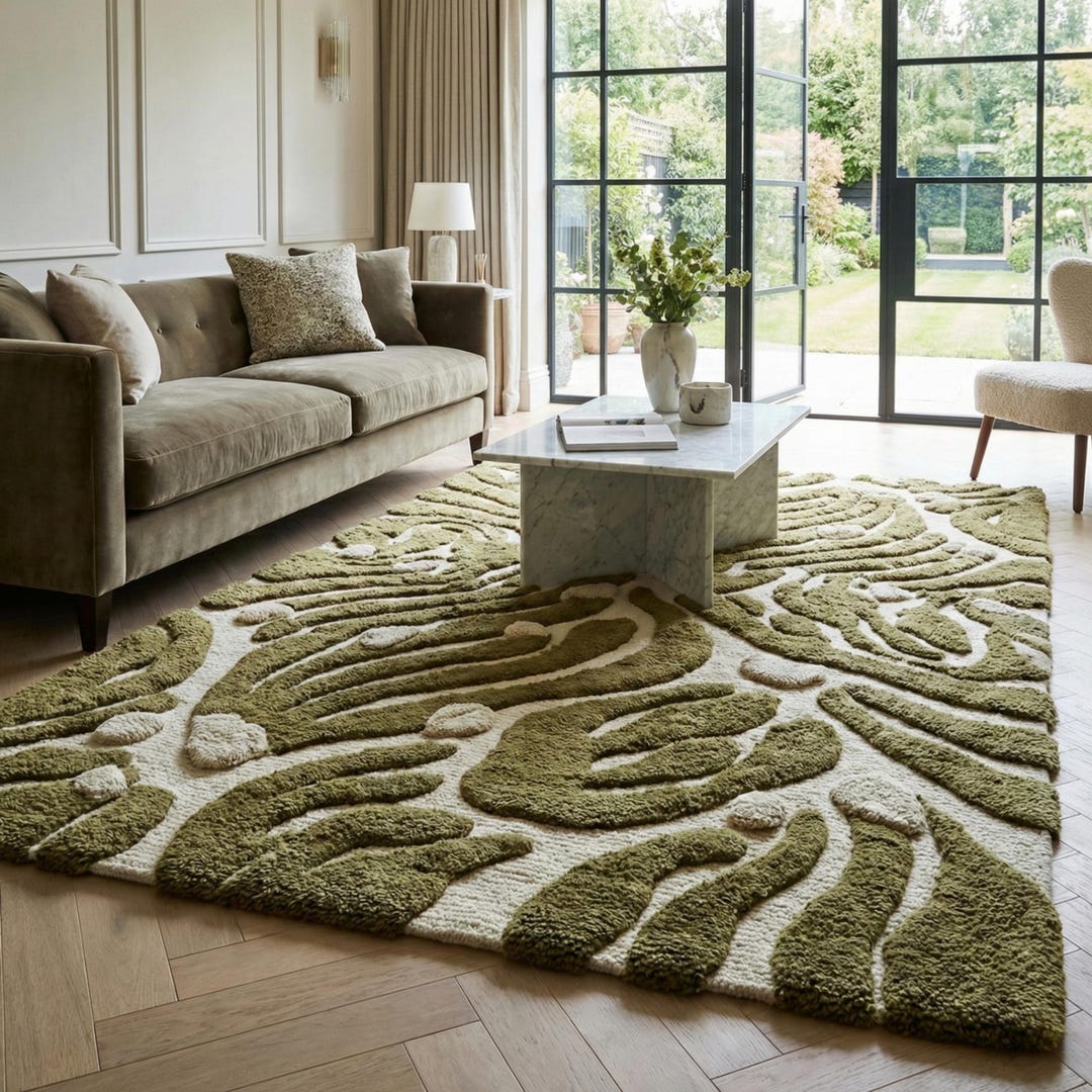 Luxury Textured Abstract Area Rug – Olive Green & Ivory High-low ...
