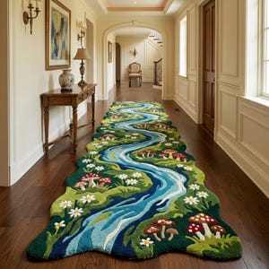 Könnte beinhalten: Ein skurriler, langer Teppichläufer mit einem Flussdesign. Der Teppich zeigt einen sich schlängelnden blauen Fluss, grüne Ufer, weiße Blumen und rot gekappte Pilze. Der Teppich liegt auf einem dunklen Holzboden in einem Flur.
