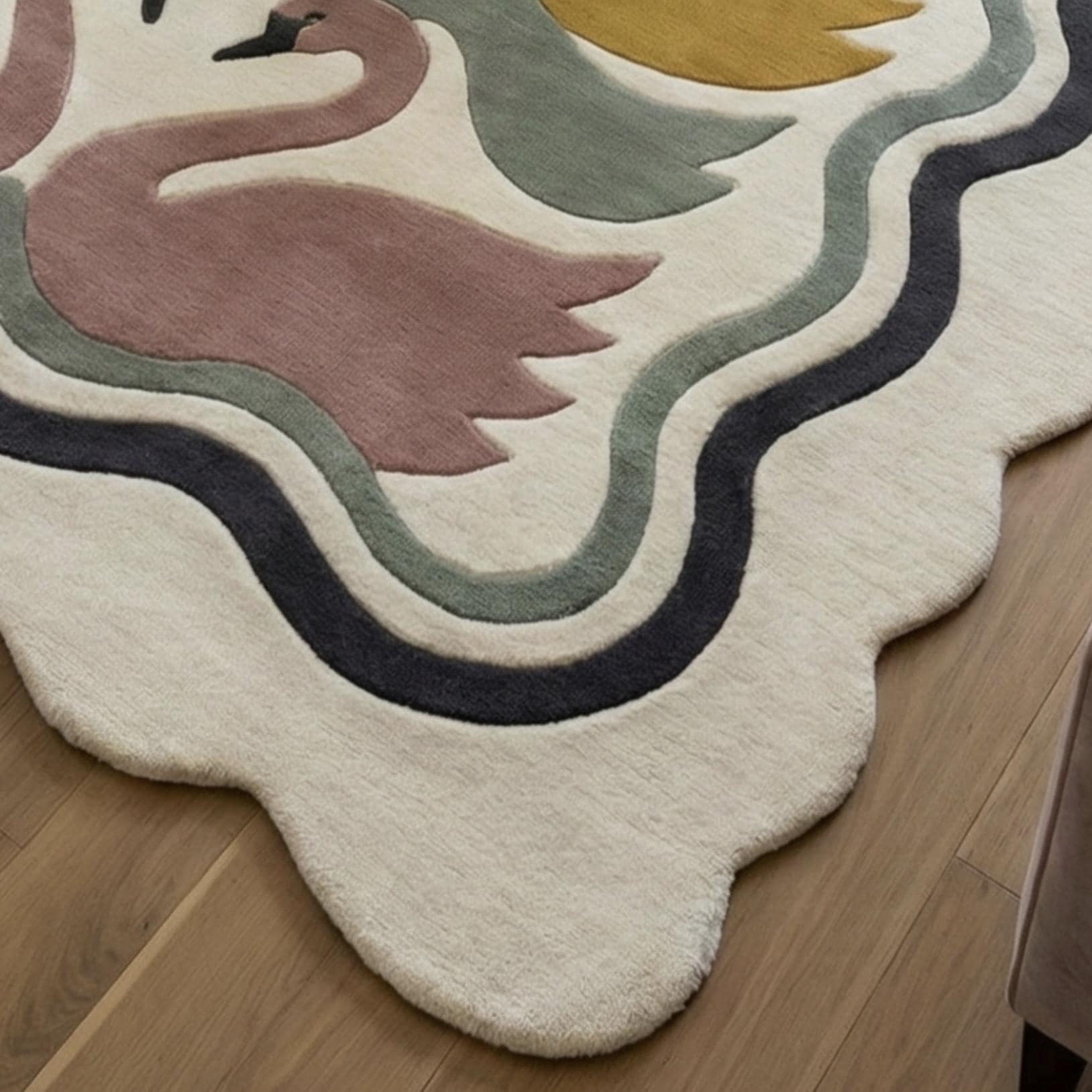 Hand Tufted Swan Motif Scalloped Rug – Luxury Multicolor Wool Area Rug ...
