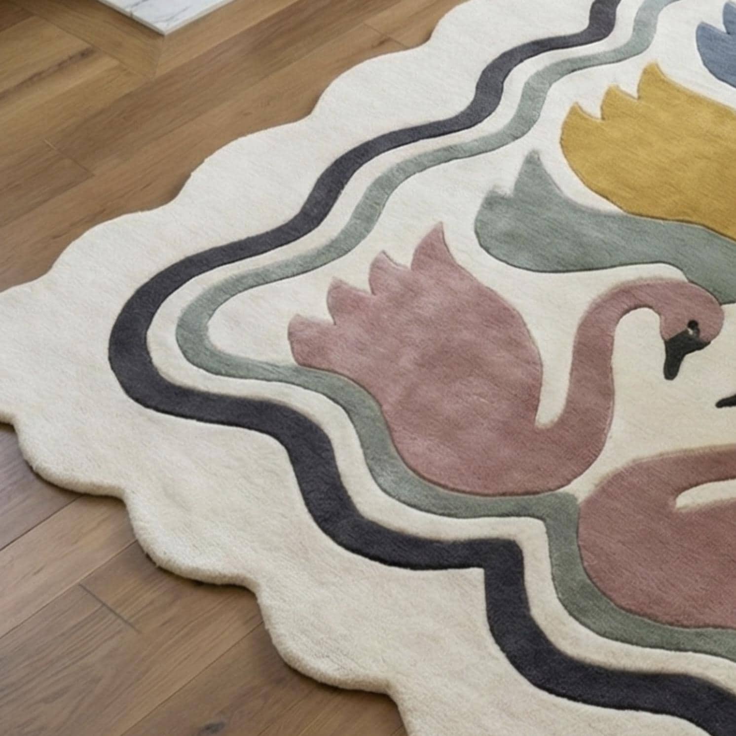 Hand Tufted Swan Motif Scalloped Rug – Luxury Multicolor Wool Area Rug ...