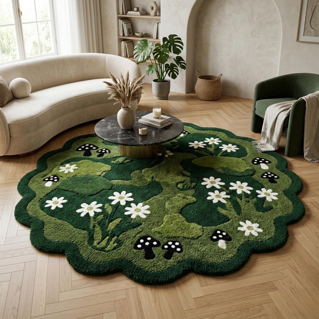 Green Garden Tufted Rug With Flowers & Mushrooms, Handmade Botanical ...