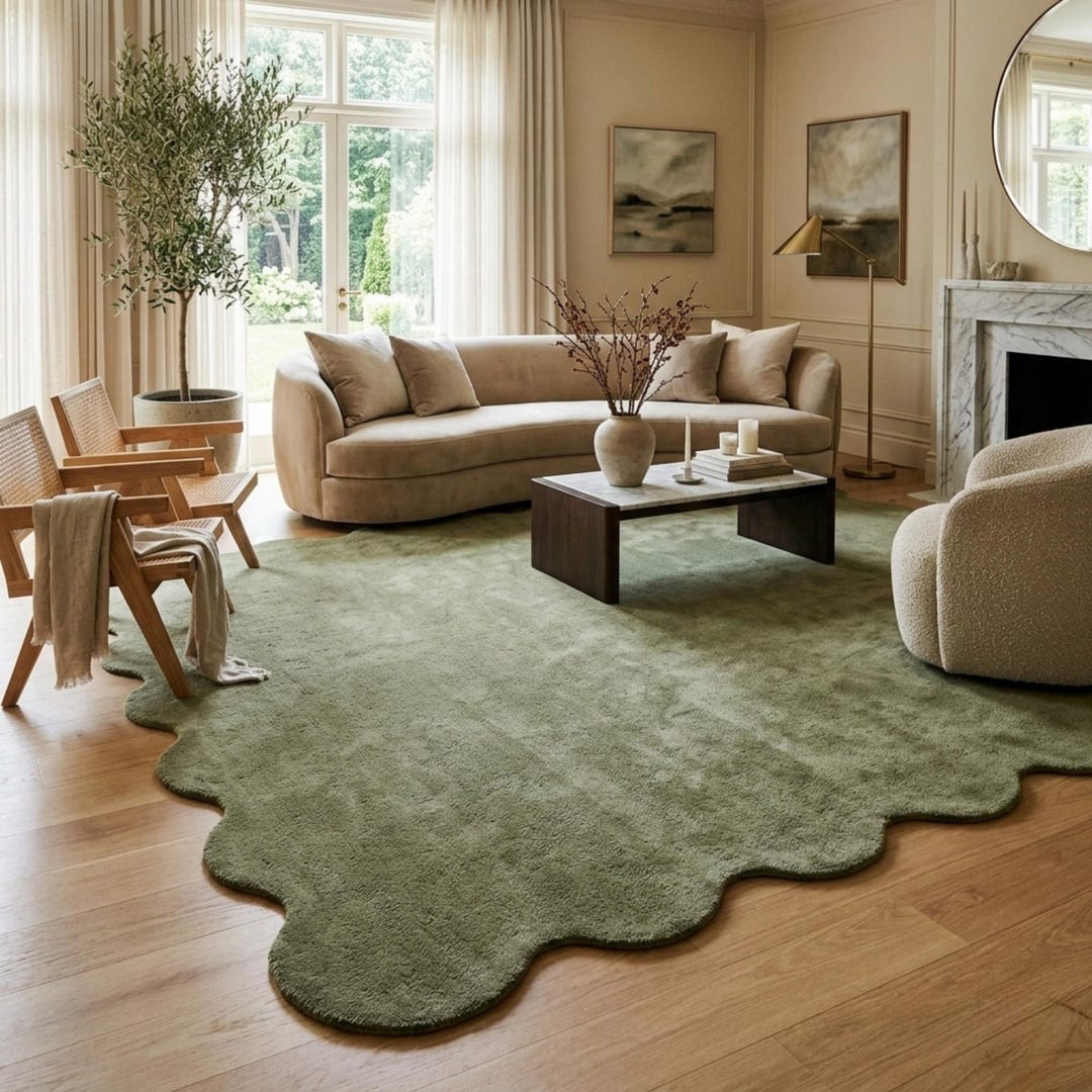 Organic R Shaped Rug 10x10 Olive Green Organic Shape Rug, Hand Tufted Wool Area Rug ...