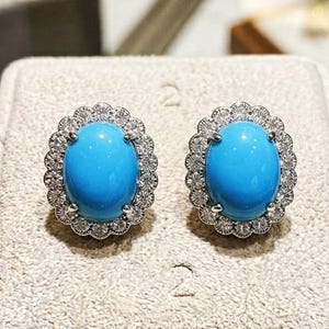 Viktoriansk Törnrosa Turkos Oval Cabochon Örhängen, 14k Guld Örhänge Dam Flickvän Gåva