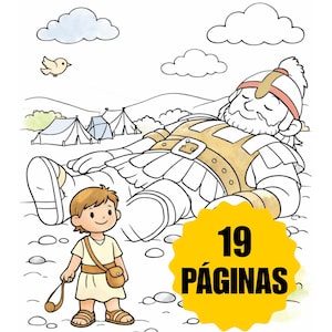Peut inclure: Illustration pour enfants représentant un garçon avec une fronde face à un géant en armure. Le géant est allongé. L'arrière-plan comprend des tentes, des nuages et un petit oiseau. Le texte "19 PÁGINAS" est dans un cercle jaune.