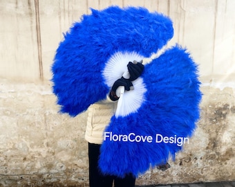 Grand éventail de danse burlesque unique en plumes de marabout de dinde, qualité AAA 78 x 42 cm