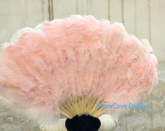 Grand éventail de danse burlesque champagne/rose poudré avec plumes d'autruche, qualité AAA 88 x 48 cm