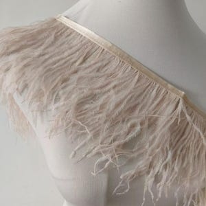 May include: A close-up of a decorative trim featuring soft, light peach-coloured feathers. The feathers are attached to a satin ribbon base. The trim is draped over a mannequin, showcasing its texture and design. Ideal for embellishing garments or accessories.