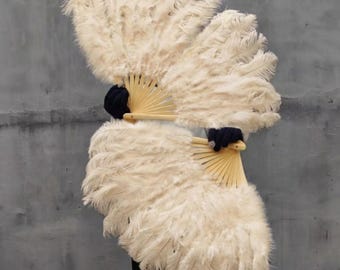 Grand éventail de danse burlesque couleur ivoire avec plumes d'autruche, qualité AAA 88 x 48 cm