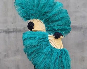 Grand éventail de danse burlesque, couleur sarcelle, plume d'autruche, qualité AAA 88 x 48 cm