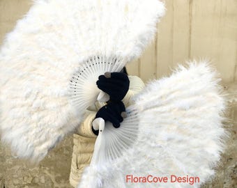 Grand éventail de danse burlesque unique en plumes de marabout de dinde, qualité AAA 78 x 42 cm