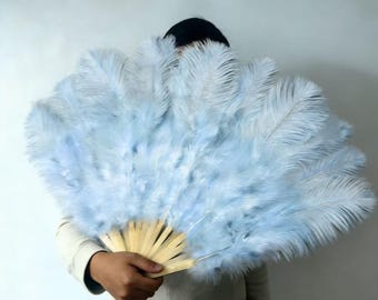 Grand éventail de danse burlesque bleu bébé avec plumes d'autruche, qualité AAA 88 x 48 cm