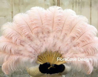 Grand éventail de danse burlesque rose bébé, plumes d'autruche, qualité AAA 88 x 48 cm