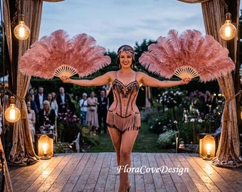 Single Dusty Rose Color Large Burlesque Dance Ostrich Feather Fan  AAA Quality 88X48cm