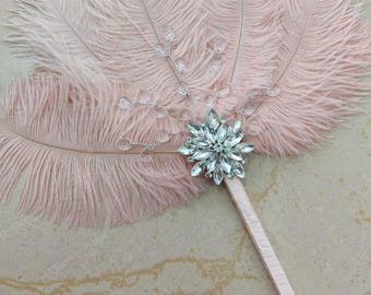 Grand éventail en plumes d'autruche de danse burlesque rose bébé, qualité AAA 88 x 48 cm