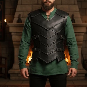 May include: Black leather vest with a layered design and buckle closures. The vest has a medieval or fantasy aesthetic, with a riveted pattern. The person in the image is wearing a green long-sleeve shirt.