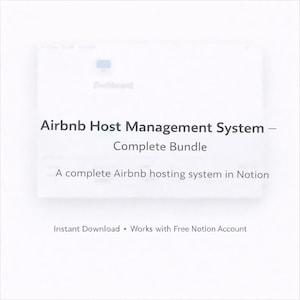 Może przedstawiać: Biała grafika z czarnym tekstem "Airbnb Host Management System - Complete Bundle". Poniżej napis "A complete Airbnb hosting system in Notion". Na dole grafiki napis "Instant Download • Works with Free Notion Account."