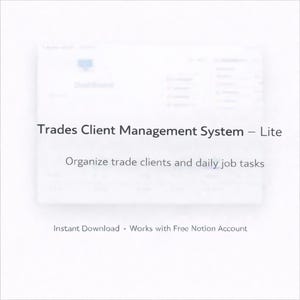 Peut inclure: Un écran numérique blanc avec le texte "Trades Client Management System - Lite". Le texte "Organisez les clients commerciaux et les tâches quotidiennes" est en dessous. Les mots "Téléchargement instantané" sont en bas.
