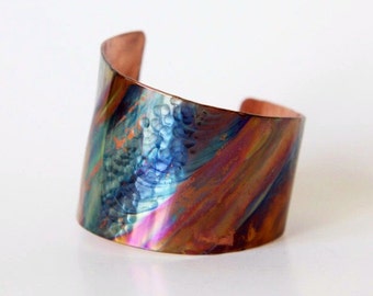 Asymmetrical Cuff Bracelet - Oxidized Copper Cuff - Rainbow Cuff - Organic Patina Cuff - Unique Statement Cuff Bracelet - Rustic Jewelry