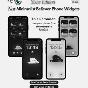 May include: A promotional image for minimalist phone widgets. The image displays several smartphones with black and white interfaces. Text includes "Sister Edition," "New Minimalist Believer Phone Widgets," and "Pay Once, Free Forever."