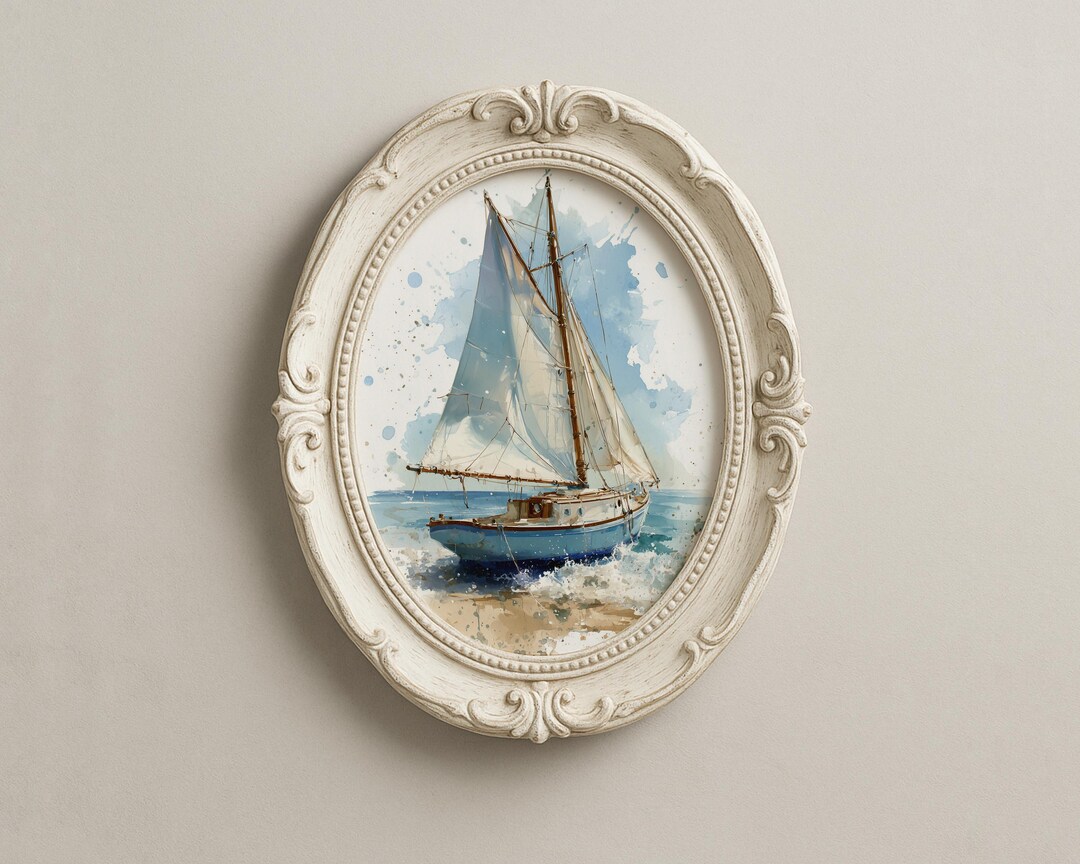 Vintage Sailboat Wall Art Print, Coastal Nautical Watercolor Painting ...