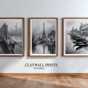 Vintage European Cityscape Art Set Of 3, Printable Wall Art Bundle with Eiffel Tower, London Bridge, Venice Canal, Monochrome Ink Wash 6
